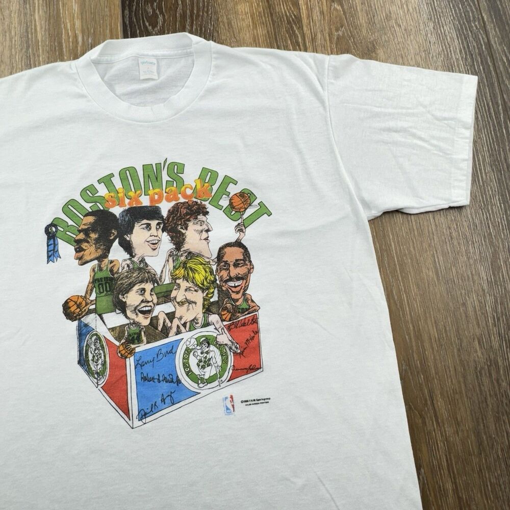 Vintage Boston Celtics Shirt Mens L White Best Six Pack Salem 1986 Caricature
